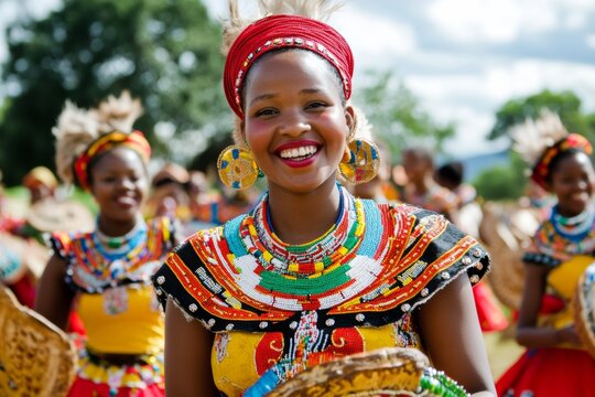 vibrant Somhlolo Day celebration, woman in traditional Swazi attire, cultural dance, and festive decorations, with a focus on the joyful atmosphere and community spirit
