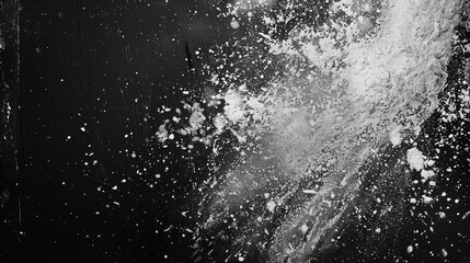 Obraz premium Dynamic image: white flour/powder disperses against black backdrop, forming arc shape. Contrast enhances energy and motion, freezing lively moment in time.