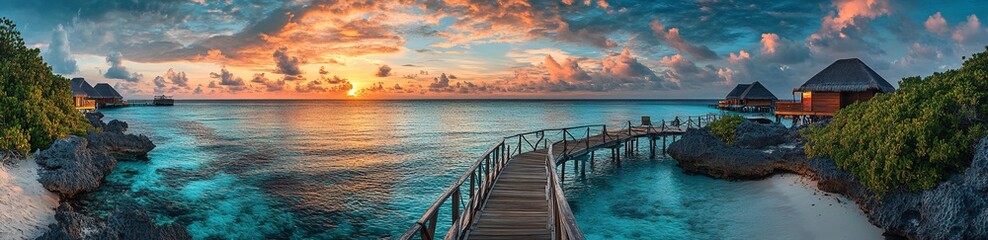Obraz premium Wooden walkway leading to overwater bungalows at sunset, tropical island scenery with crystal-clear ocean and vibrant sky