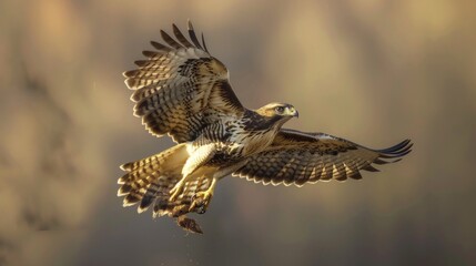 Obraz premium A striking image of a Red-tailed Hawk in flight, showcasing its colors and sharp features in the sunlight against a blurred field backdrop, exuding strength and predatory focus.
