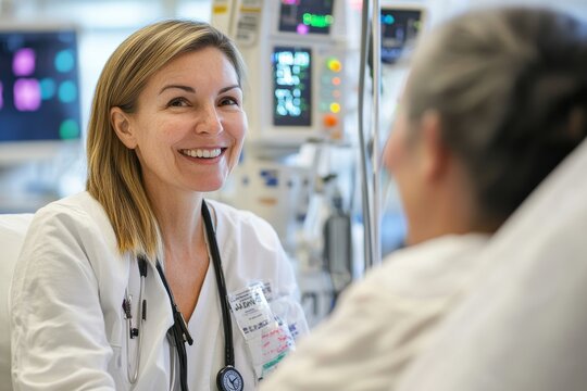 oncology nurse in a hospital setting, compassionately interacting with a patient, with a focus on their supportive role and care, including elements like medical equipment and a calming environment
