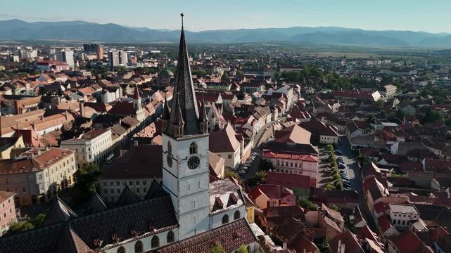 Aerial footage at Sibiu old town on a suny afternoon.