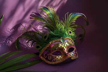 A colorful masquerade mask with peacock feathers lies on a purple background, with a green leaf in the foreground.