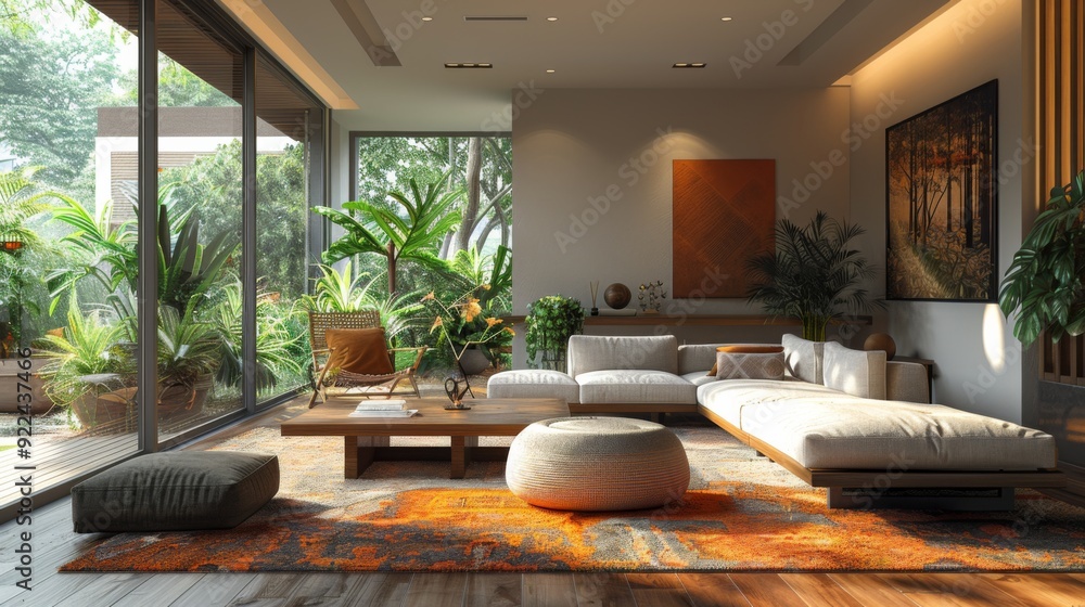 Poster design a modern living room with a mix of textures, combining smooth surfaces with tactile fabrics f