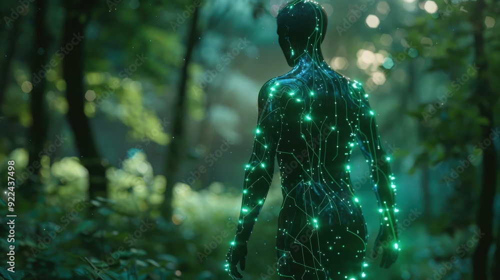 Poster a figure with a luminous outline strolls through a forest filled with soft, glowing lights during th