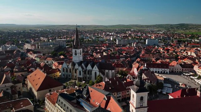 Aerial footage at Sibiu old town on a suny afternoon.