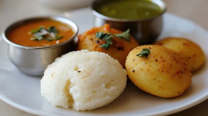 Idli and Vada on a Plate: Soft idlis and crispy vadas served with sambar and chutney, representing a typical South Indian breakfast.