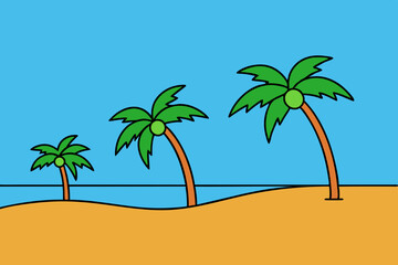 Tropical beach with palm trees art vector illustration