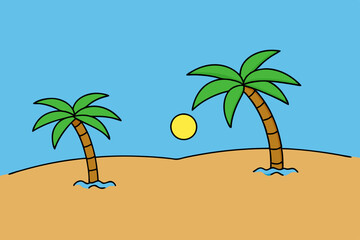 Tropical beach with palm trees art vector illustration
