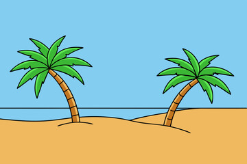Tropical beach with palm trees art vector illustration