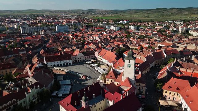 Aerial footage at Sibiu old town on a suny afternoon.