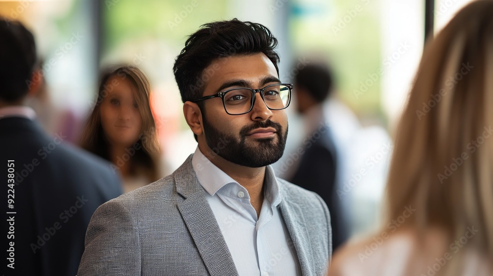 Poster indian businessman at a networking event: an indian businessman mingling with other professionals at