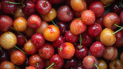 Detailed close-up of ripe cherries, highlighting their shiny and rich color