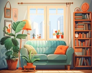 Realistic flat design, side view, cozy home interior theme, cartoon drawing, Splitcomplementary color scheme