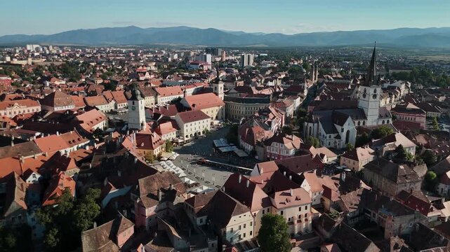 Aerial footage at Sibiu old town on a suny afternoon.