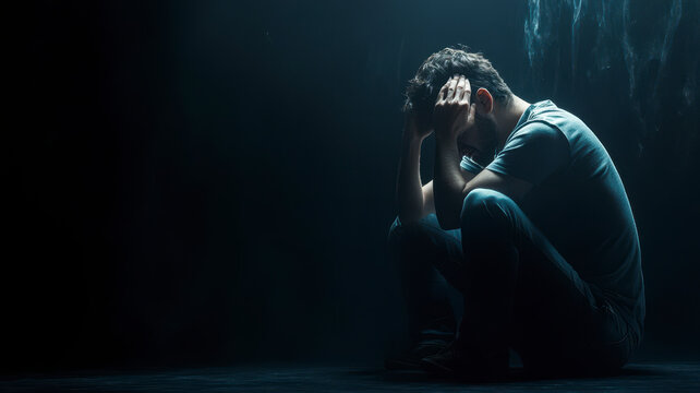 Man sitting alone felling sad worry or fear and hands up on head on black background