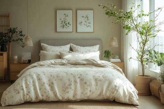serene scandinavian bedroom bathed in soft natural light minimalist floral bedding complements muted gray furnishings creating a tranquil contemporary retreat