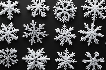 Fototapeta premium Frosty Delight - White Snowflake Patterns on Black Background