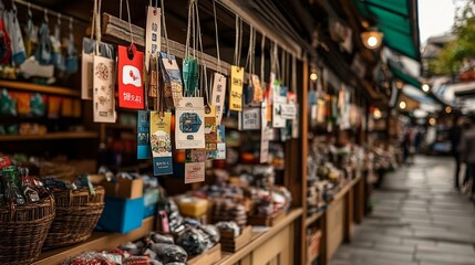 Fototapeta premium A bustling market stall displays colorful goods for sale