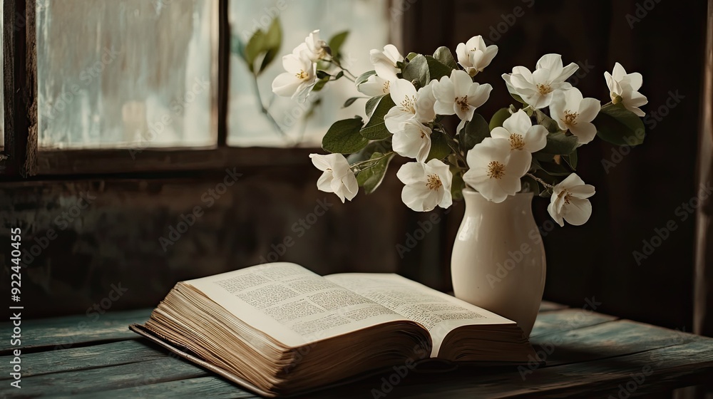 Poster white flowers in a simple vase rest beside an open book on a table, offering a serene and inviting a