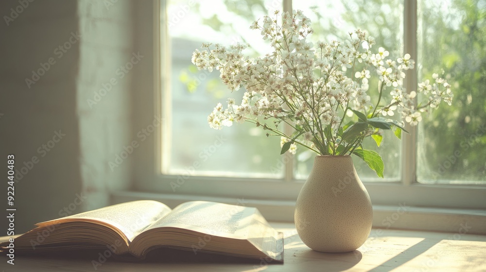 Poster white flowers in a simple vase rest beside an open book on a table, offering a serene and inviting a