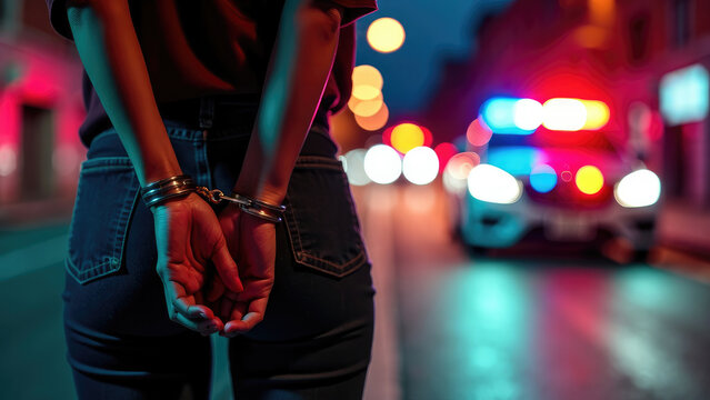 A woman's hands are handcuffed behind her back on a dimly lit city street, and the scene of the incident is illuminated by the multicolored lights of a police car.
