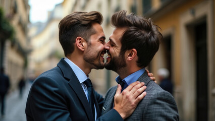 Two men dressed in formal suits share an affectionate embrace on a street, their close connection highlighted against a gently blurred cityscape background, symbolizing love and support.