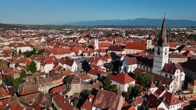 Aerial footage at Sibiu old town on a suny afternoon.