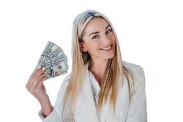 Smiling blonde woman in a white suit fanning herself with cash, expressing financial success and confidence. Isolated on transparent background