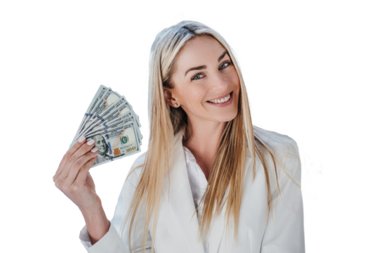 Smiling blonde woman in a white suit fanning herself with cash, expressing financial success and confidence. Isolated on transparent background