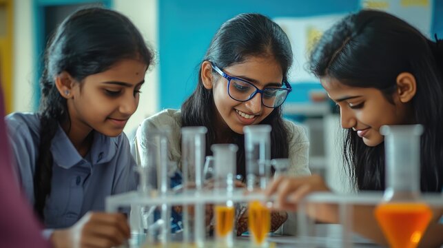 Indian Students Working on a Science Project: A group of Indian students collaborating on a science project, experimenting with test tubes and beakers in a school lab.