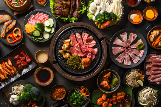 korean barbecue in thai style Thai barbecue pork, all you can eat barbecue buffet,  top view