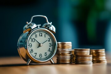 Vintage alarm clock with money concept representing time is money.