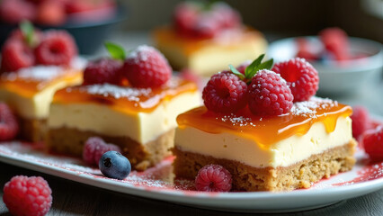 A close-up shot of delectable dessert squares adorned with fresh raspberries and a pinch of powdered sugar, capturing the essence of a tasty and aromatic confectionary delight.