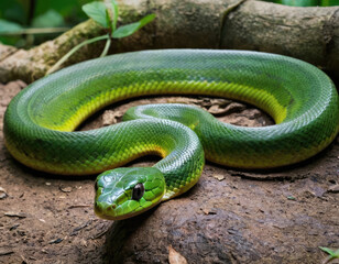 Fototapeta premium The image showcases a green snake majestically posed on the forest floor, highlighting its detailed scales and vibrant colors, perfectly blending with the natural setting on a sunny day.
