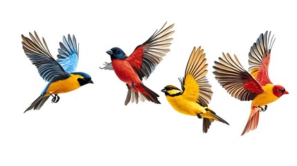 Obraz premium Majestic Flight of Five Birds Sticker on White Background with Detailed Wings in Perspective