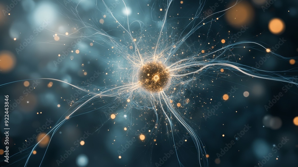 Poster abstract depiction of a neuron with glowing connections, showcasing the complexity of neural network