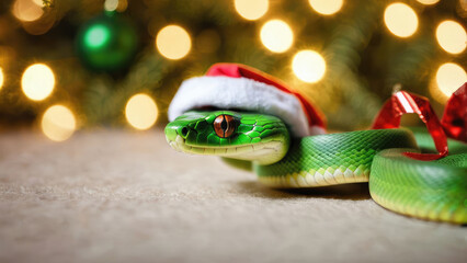 Fototapeta premium A green snake adorned with a red Santa hat and festive ribbon relaxes on the floor near a beautifully decorated Christmas tree filled with sparkling lights.