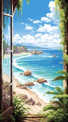 A breathtaking coastal view framed by lush greenery and rolling waves under a vibrant blue sky.