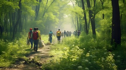 Group of People Hiking Through a Forest Path