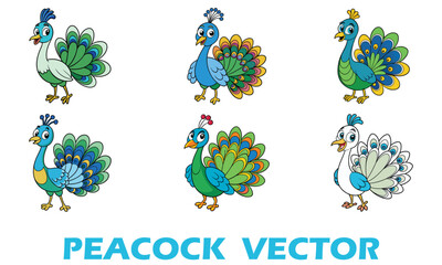 Set of six cute cartoon peacocks vector illustrator.