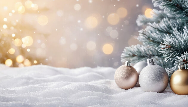 An elegant arrangement of Christmas ornaments in the snow, accentuated by soft festive lighting and pine tree branches, evoking a sense of seasonal warmth, joy, and tranquility.