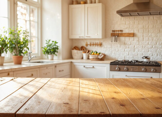 Fototapeta premium Green Empty wooden table with the bright white interior of the kitchen as a blurred background behind the bokeh golden sunshine