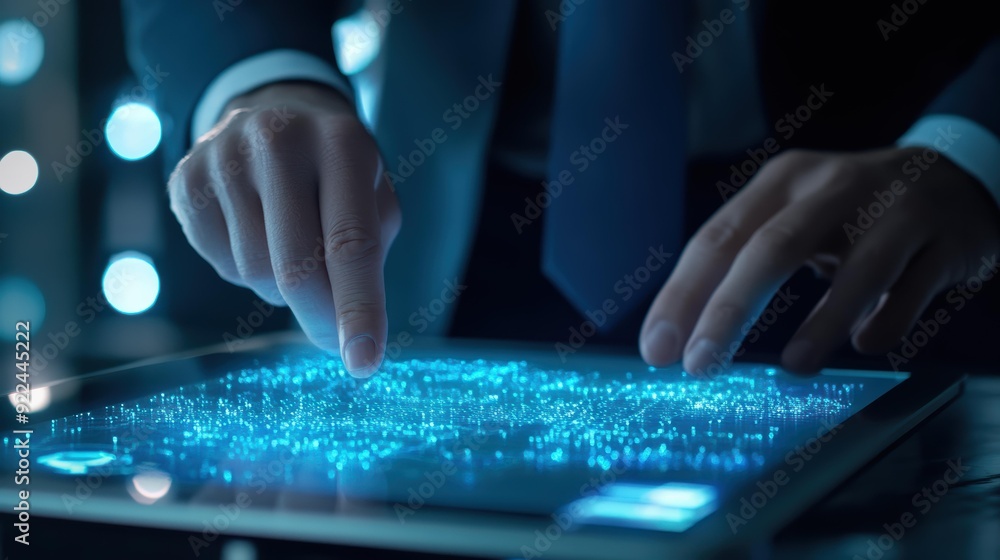 Poster a person in a suit interacts with a glowing digital interface, focusing intently on the touch screen