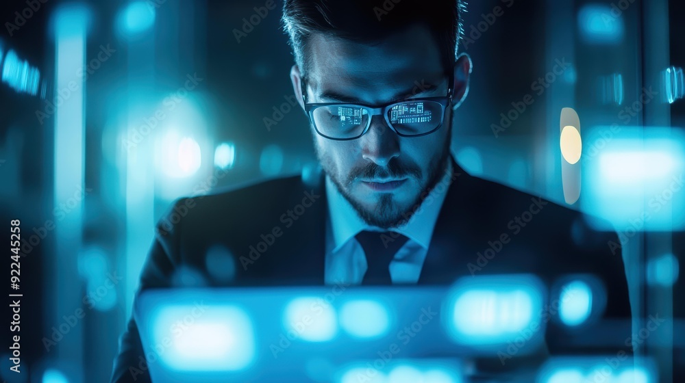 Poster focused man working on a computer in a dark, high-tech environment