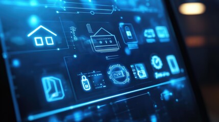 Fototapeta premium A digital interface displaying various smart home icons and security features, highlighting the concept of home automation and technology integration.