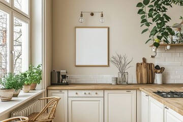 Minimalist Kitchen interior with Poster Mockup created with Generative AI