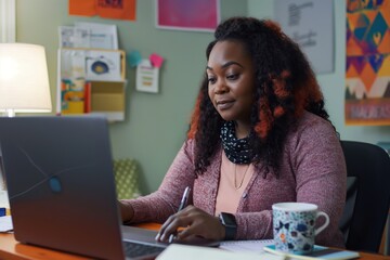 Fototapeta premium A woman sits at a desk, focused on her laptop, working from home.