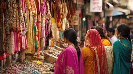 Fototapeta premium Indian Women Shopping in a Bazaar: Women shopping for clothes and jewelry in a colorful bazaar, highlighting the social and economic activities in Indian markets.