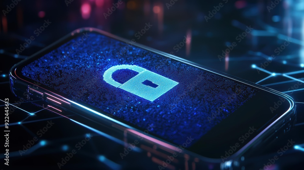Poster a smartphone with a glowing lock icon on the screen, symbolizing cybersecurity and data protection.
